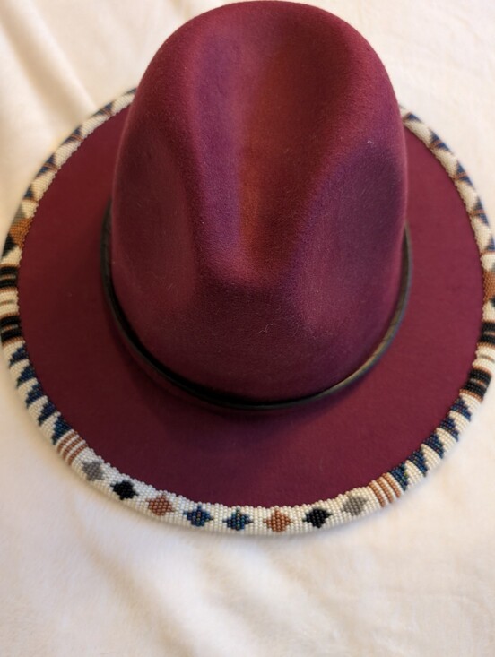 Accessories - Burgundy Fedora Hat with Beaded Brim